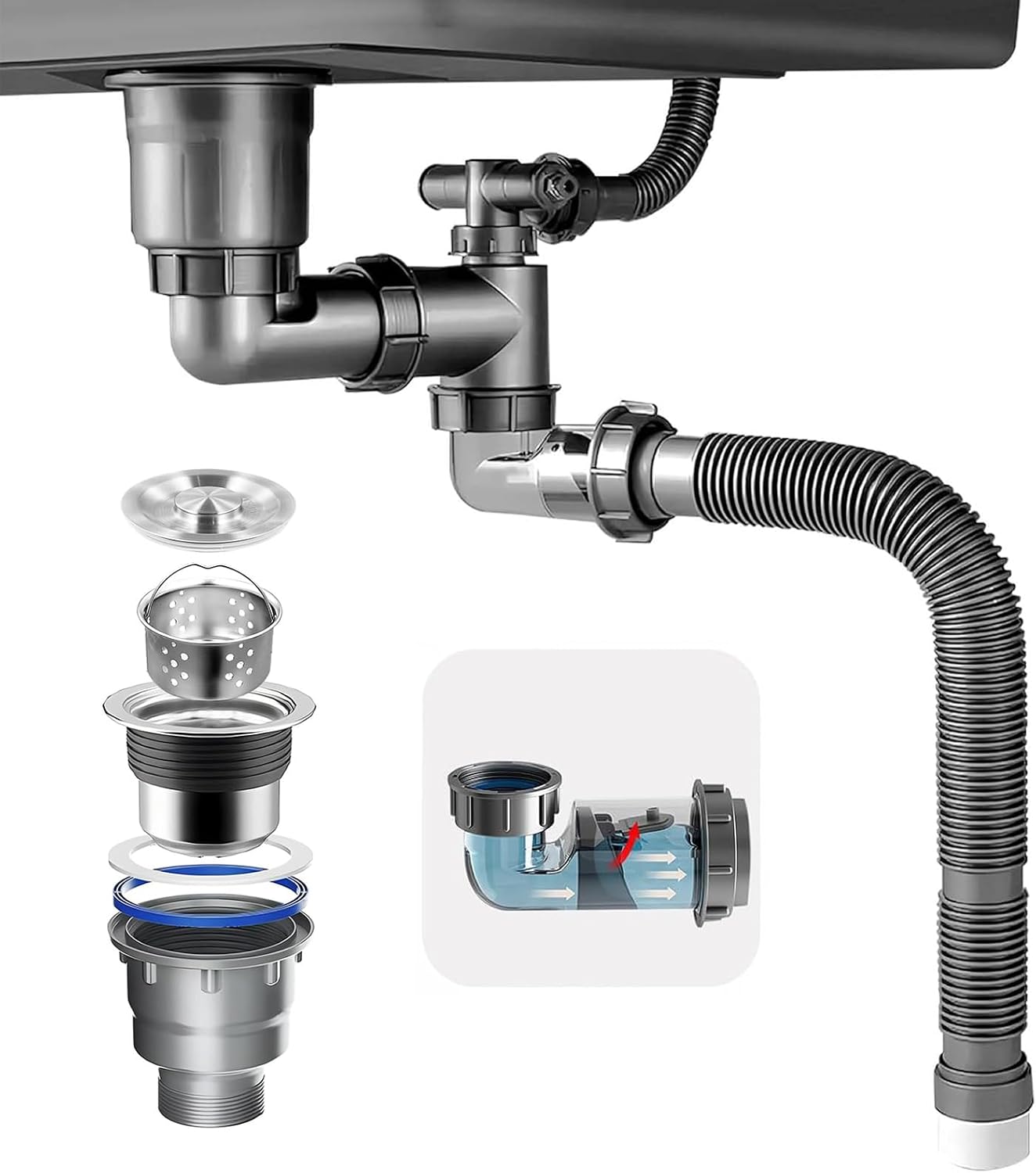 Steel Sink Drain With P-Trap Pipe